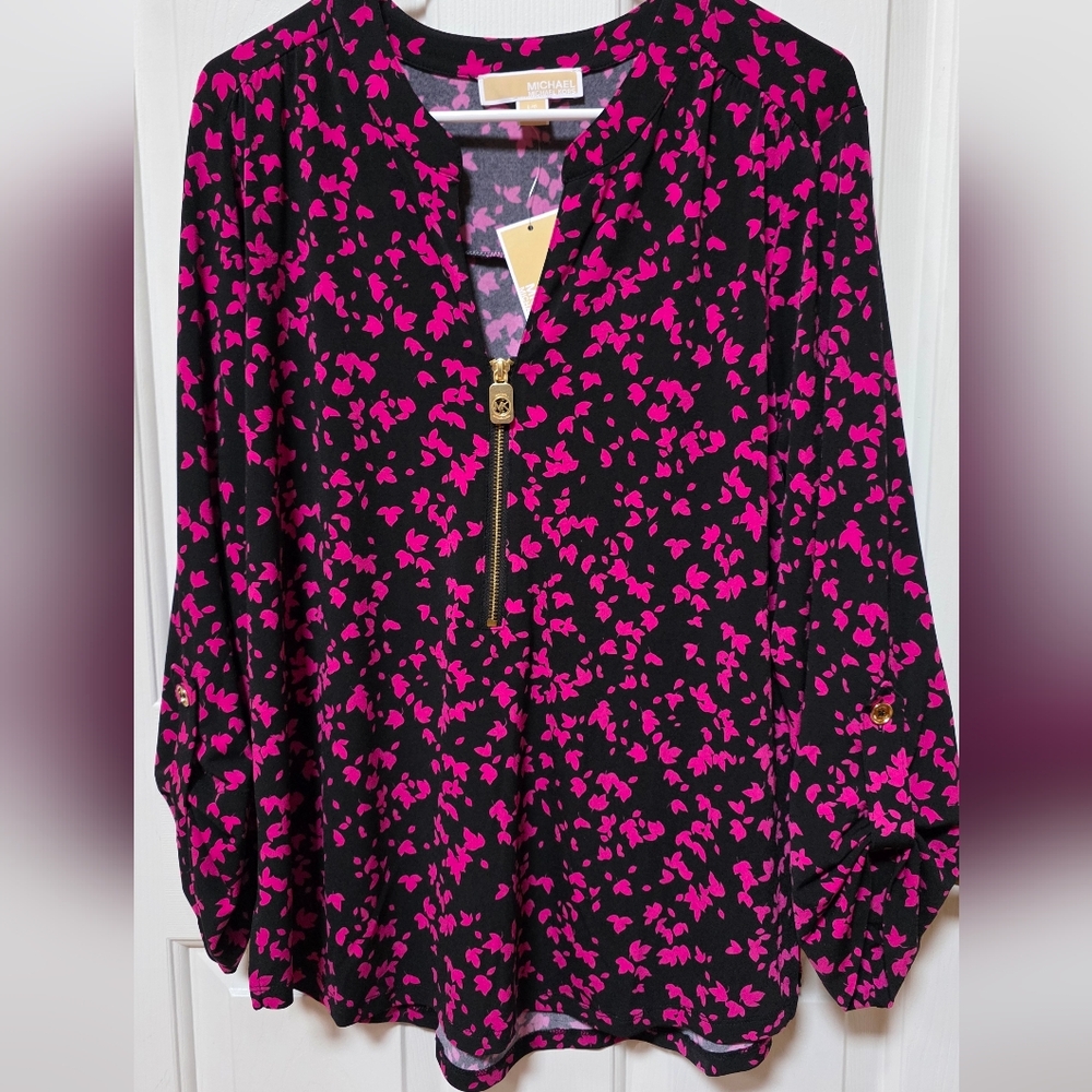 Michael Kors Black and Deep Fuchsia Top with Gold Accent